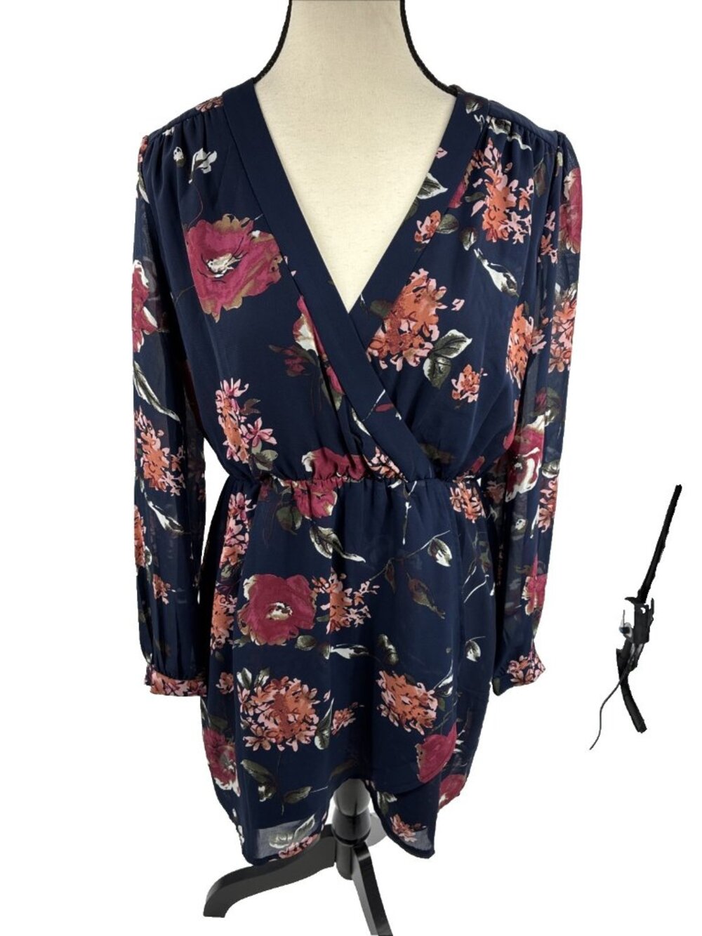 Lulus Womens Dress Floral Wrap V Neck Navy Long Sleeve Boho Medium